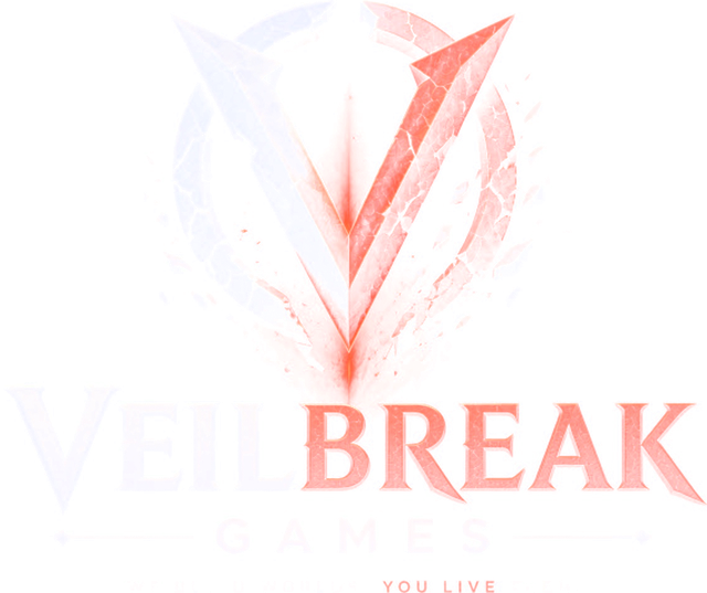 The Veilbreak Games lockup: a cracked stone-and-ember V in a broken ring above the wordmark and tagline