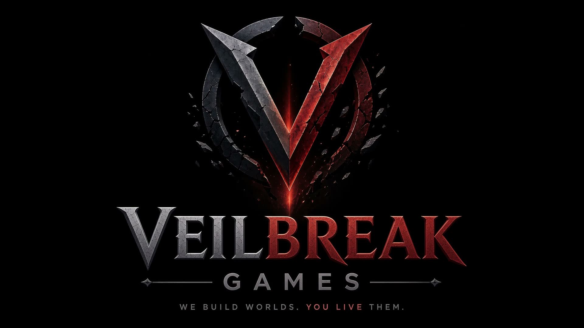 Veilbreak Games logo. We build worlds. You live them.